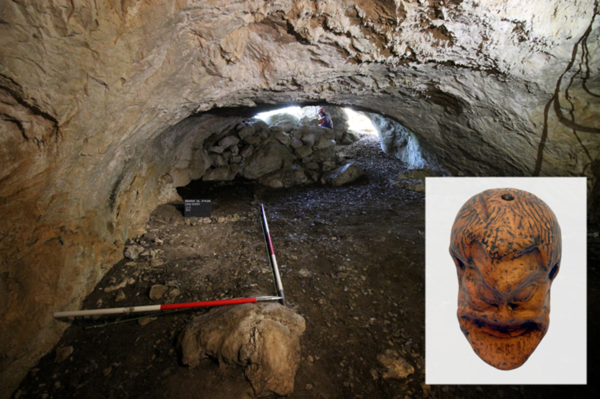 A theatre mask in a cave